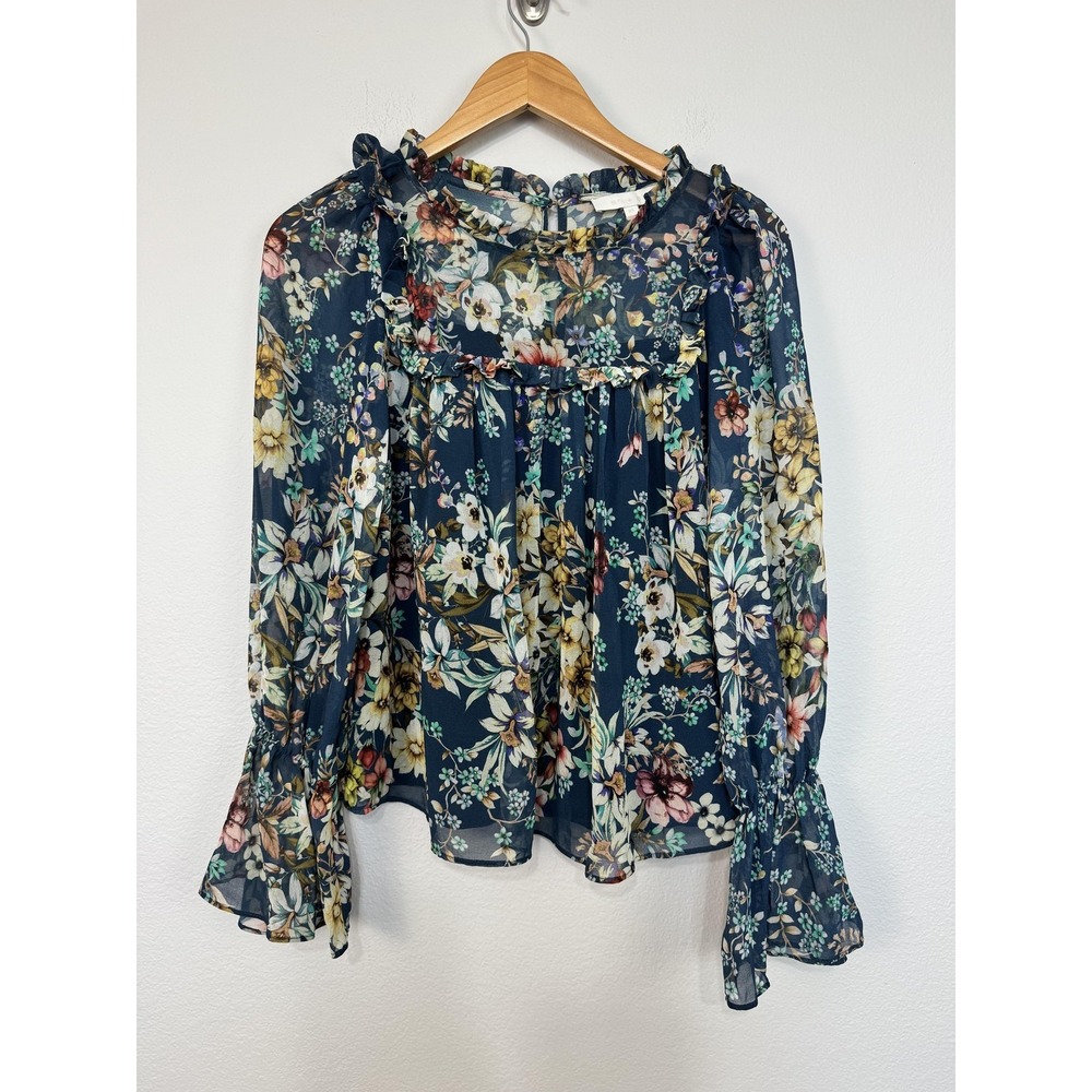 Anthropologie Eri + Ali Velma Blouse Women's XS Blue Floral Ruffle Chiffon‎ Boho